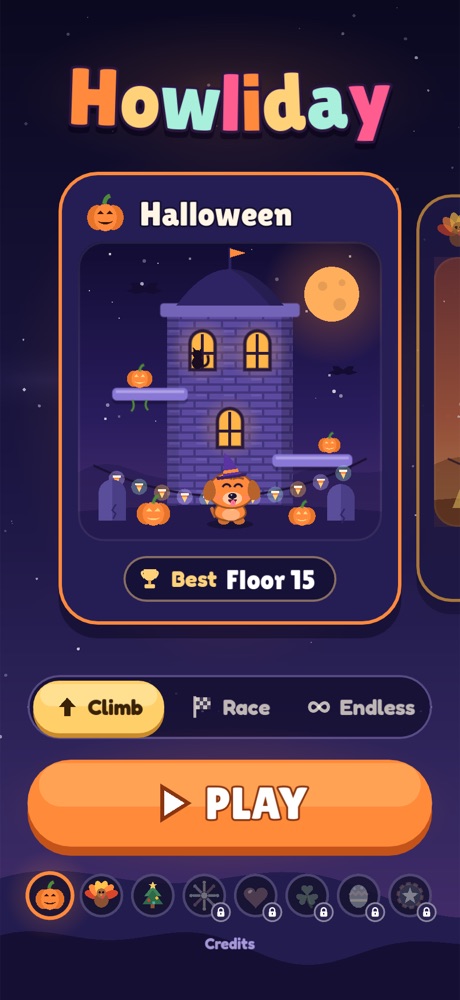 The Howliday menu: a cute pup in a witch hat in front of a Halloween tower, with Climb, Race and Endless buttons